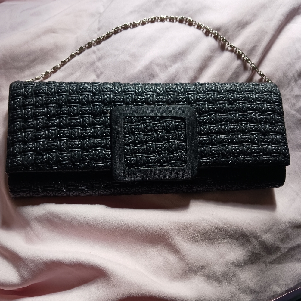 Black Woven Evening Clutch with Chain Strap